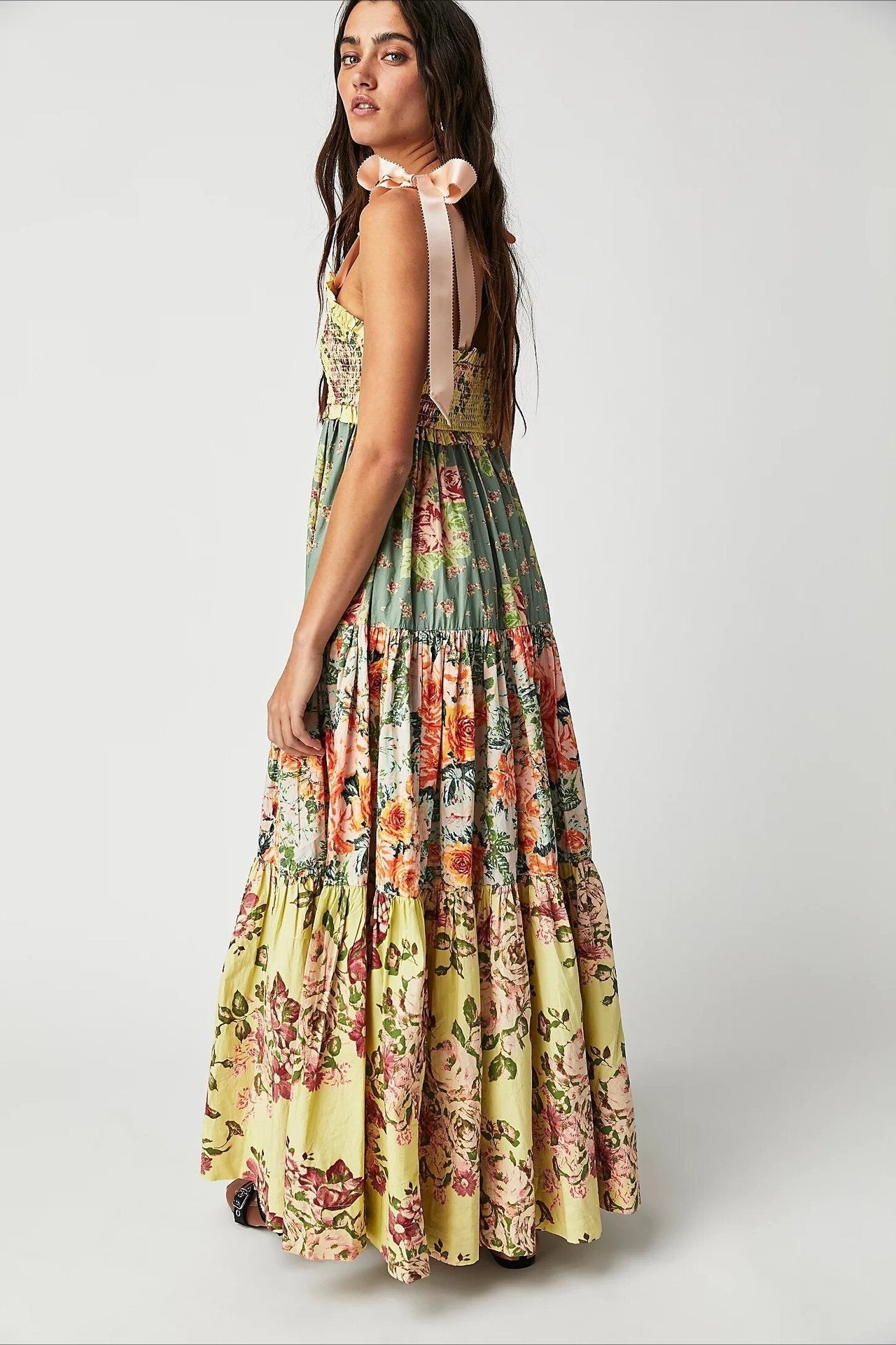 Smocked Sweetheart Bow Shoulder Strap Patchwork Floral Tiered Maxi Dress 6