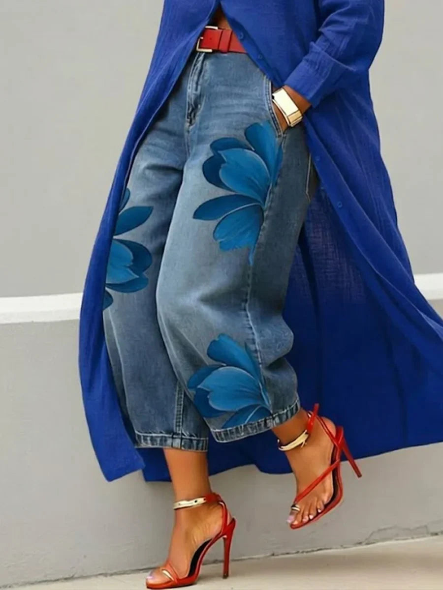Collared Button Front Longline Shirt and Floral Jeans Set 5