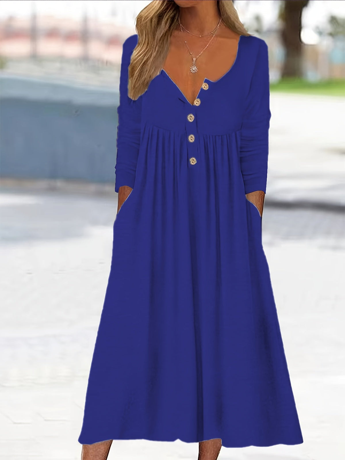 Henley Neck Button Front Long Sleeve Pocket A-Line Midi Dress