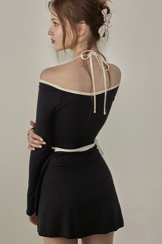 Halter Minimalist Color Block Fresh Bow One Piece Swimwear