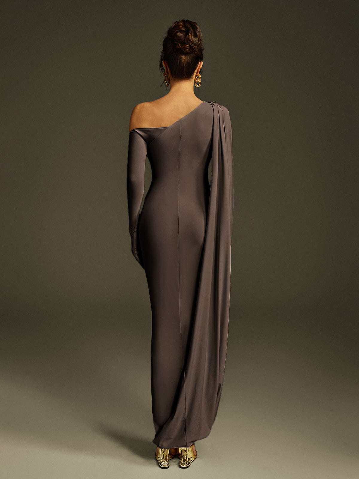 One Shoulder Draped Maxi Dress In Brown