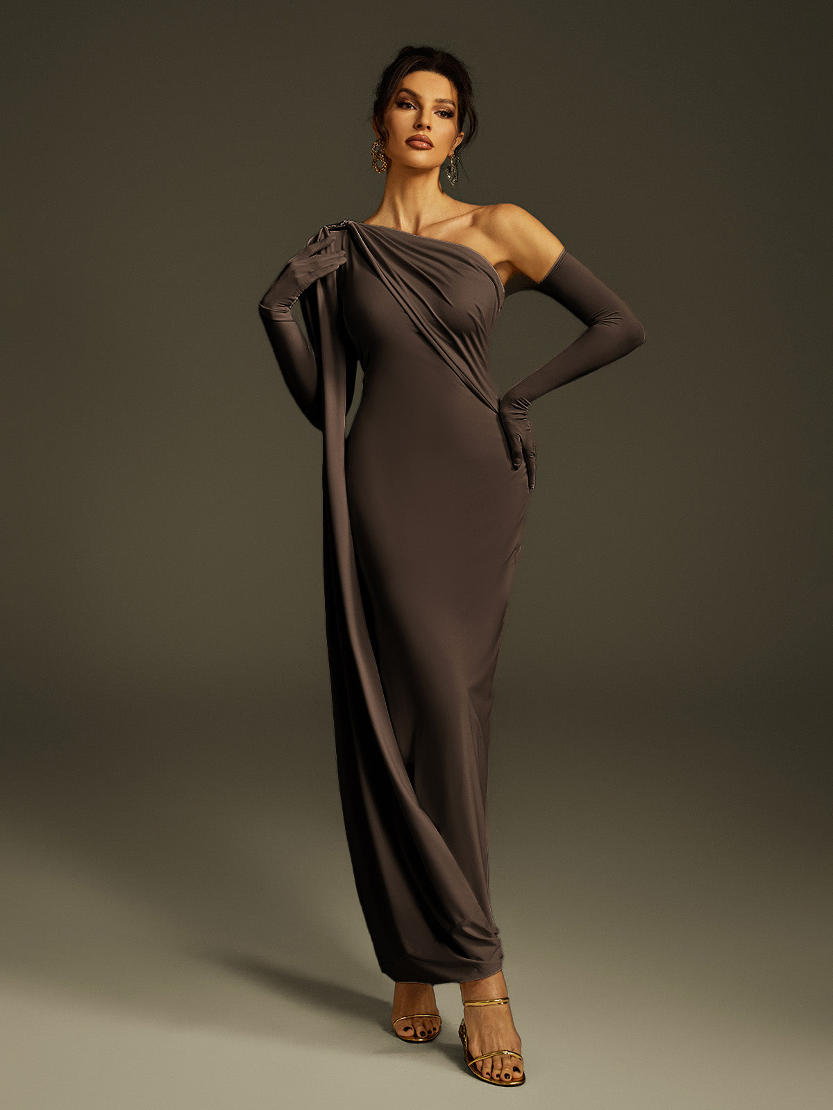 One Shoulder Draped Maxi Dress In Brown