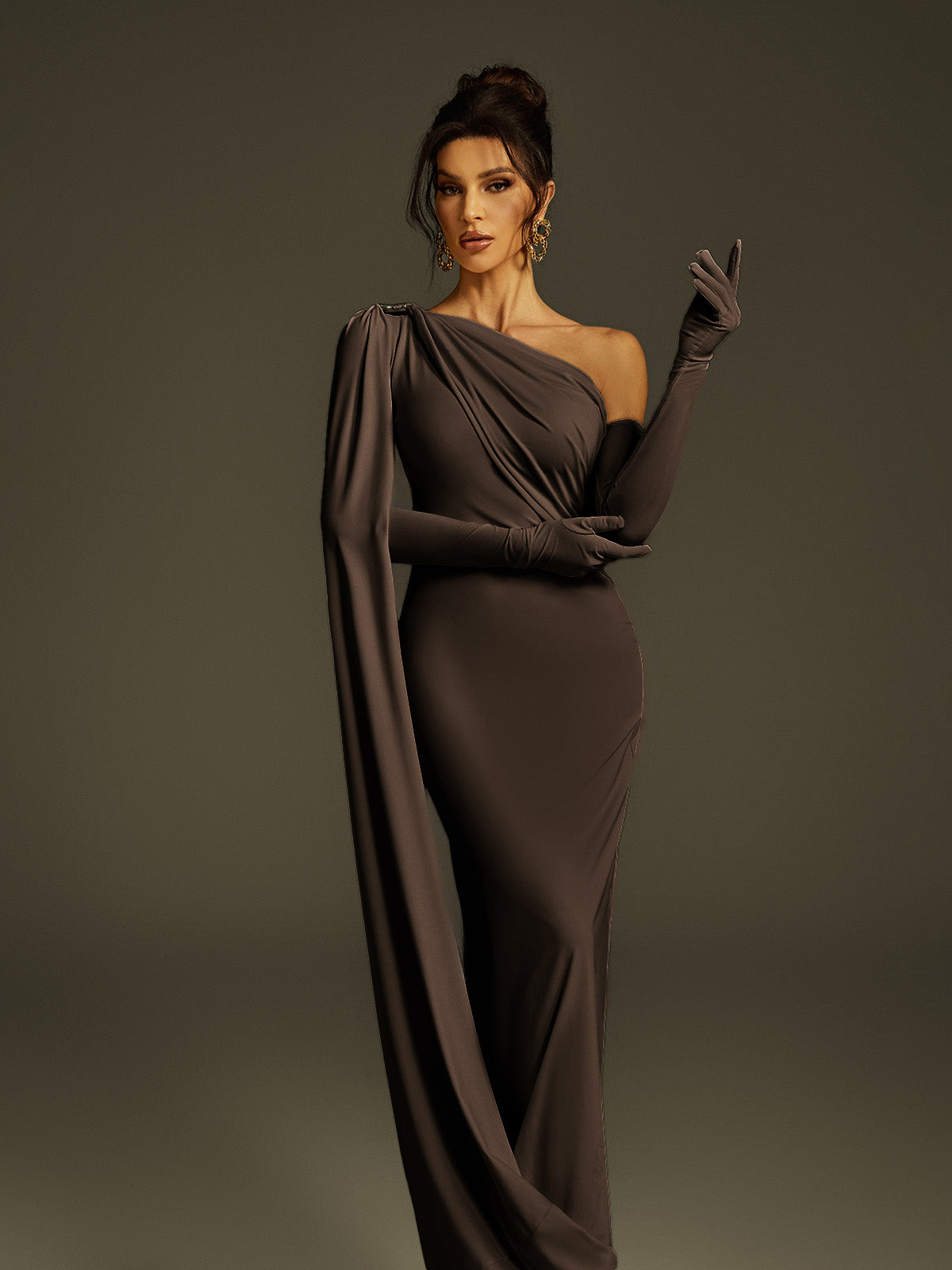 One Shoulder Draped Maxi Dress In Brown