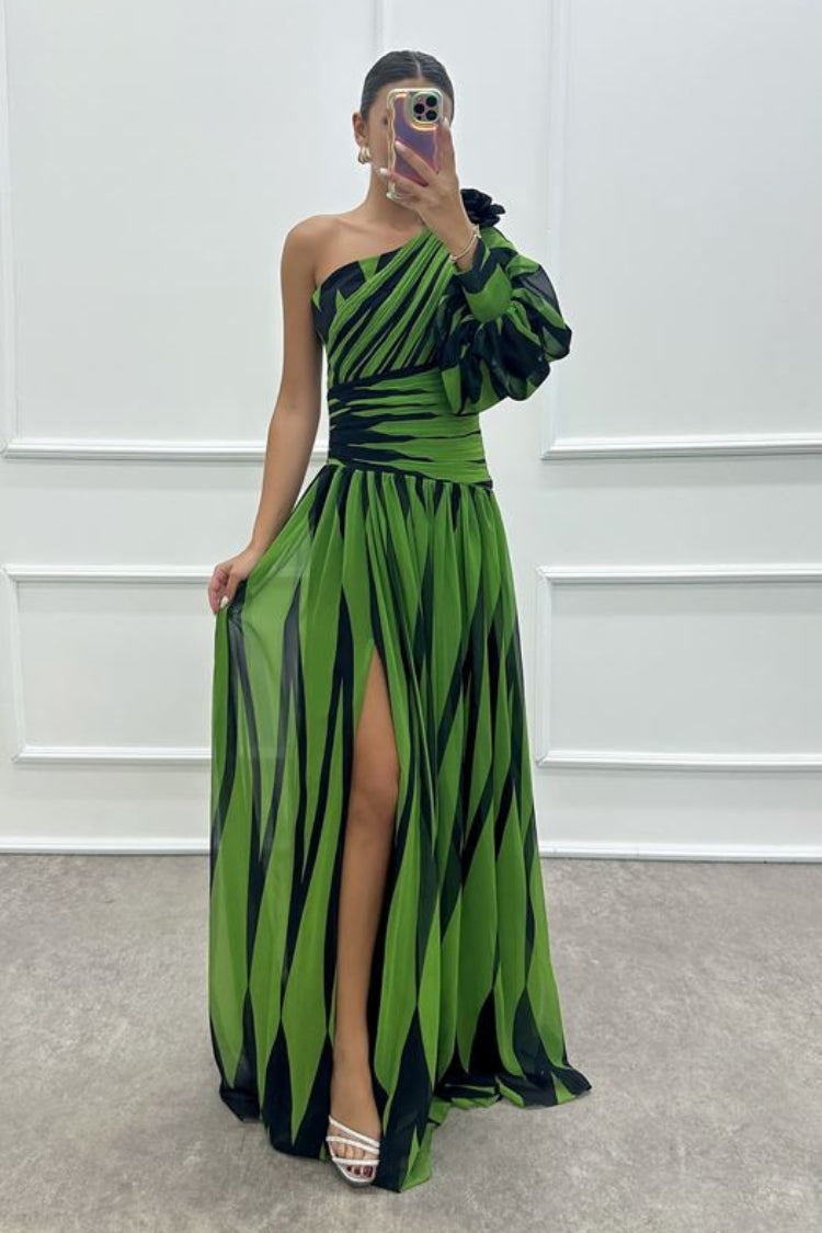 Roma Minimalist One Shoulder Dress with Rose Detail and Patterned Design Statement Occasion Edit