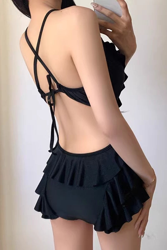Sexy Solid Backless Deep V Ruffled One Piece Swimwear