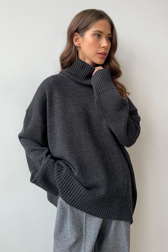 Solid High Neck Slouchy Slim-Fit Knit Sweater