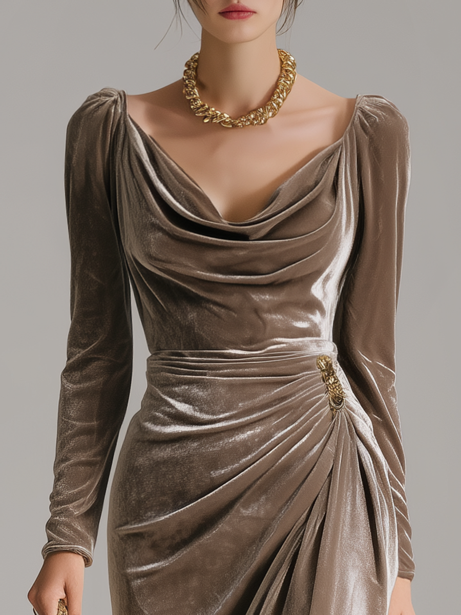 Cowl Neck Velvet Long Sleeve Ruched Wrap Bodycon Midi Dress 3