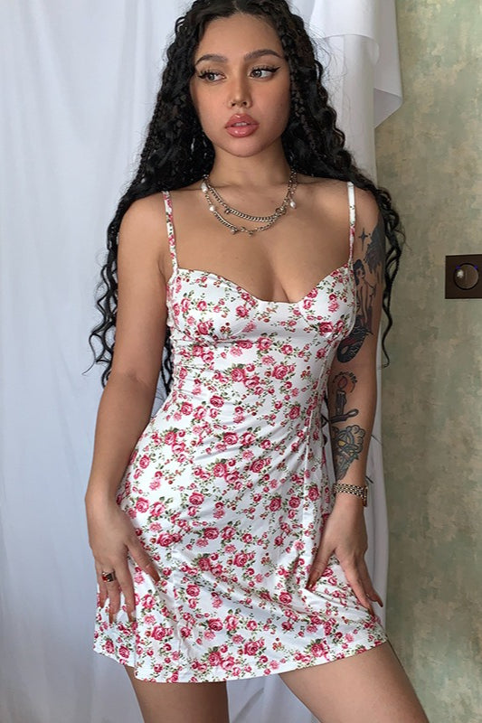 Spaghetti Strap Sweetheart Bustier Ditsy Floral Print Bodycon Mini Dress 11