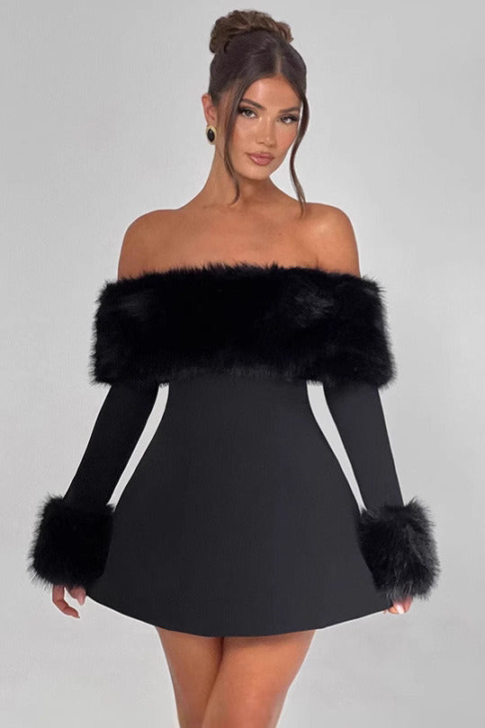 Black Faux Fur Collar Off Shoulder Bodycon Dress 2