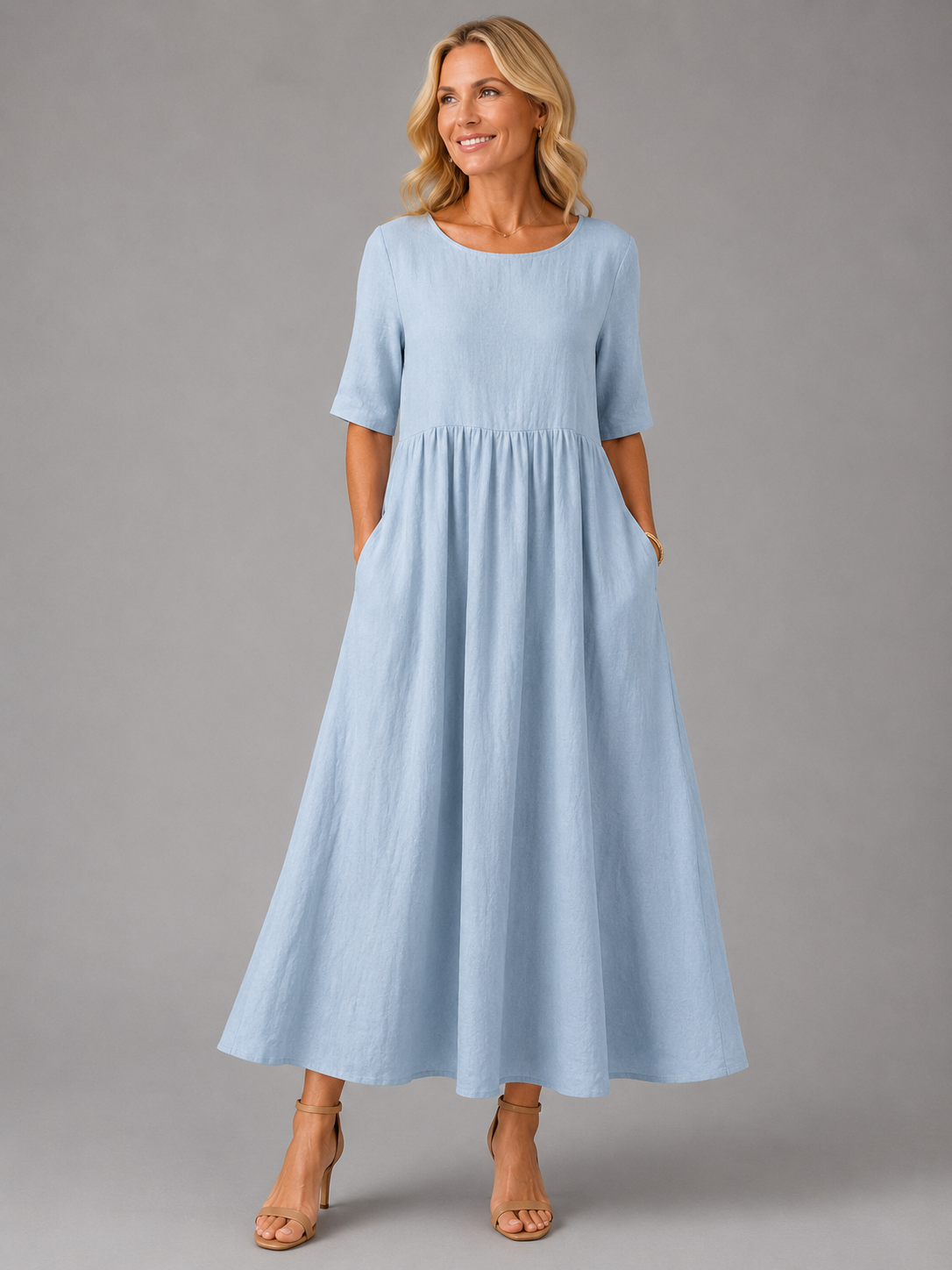 Round Neck Short Sleeve Empire Waist Pocket A-Line Maxi Dress