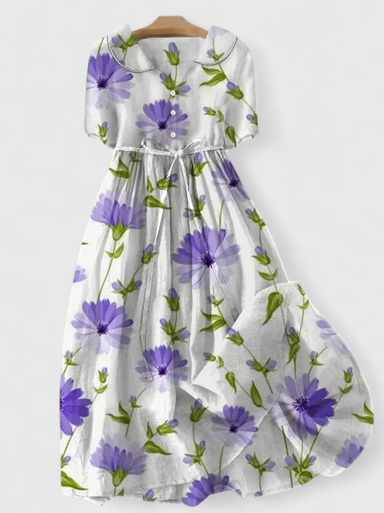 Purple Peter Pan Collar Short Sleeve Floral Drawstring Flared Midi Dress