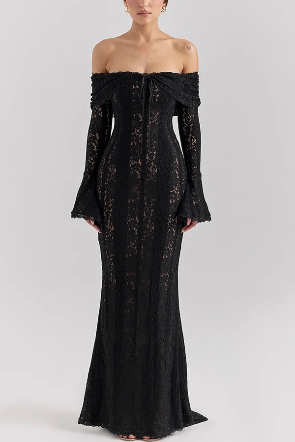 Leila Elevated Off Shoulder Floral Lace Flared Sleeve Fishtail Maxi Dress White Occasion Wear