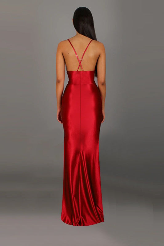 Satin V-Neck Ruched Slit Party Dress