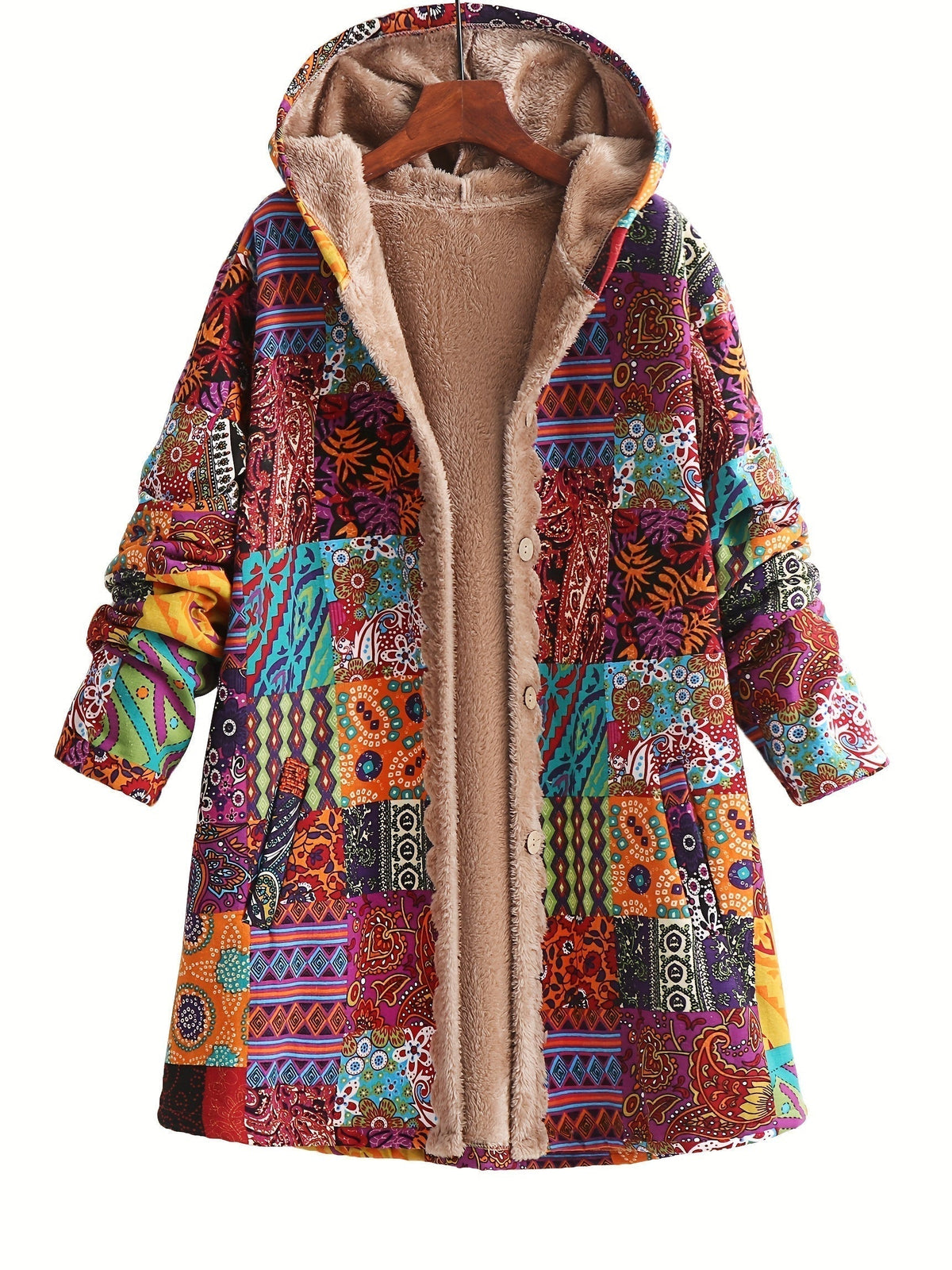 Hooded Ethnic Patchwork Print Fleece-Lined Button Front Longline Coat