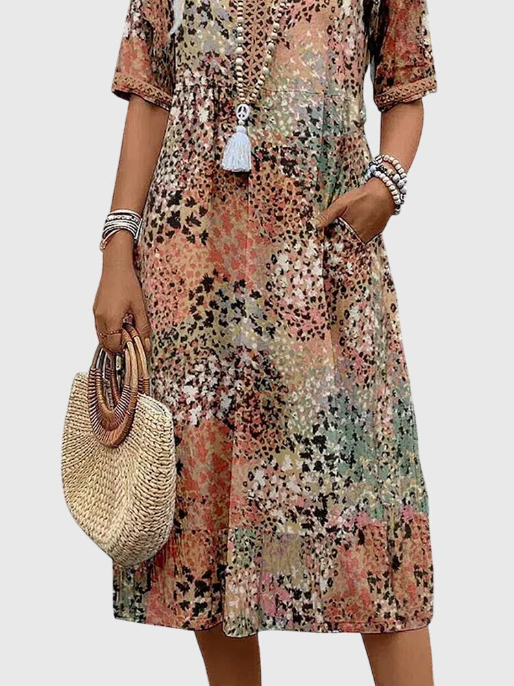 V-Neck Crochet Trim Short Sleeve Floral Print Pocket Midi Dress