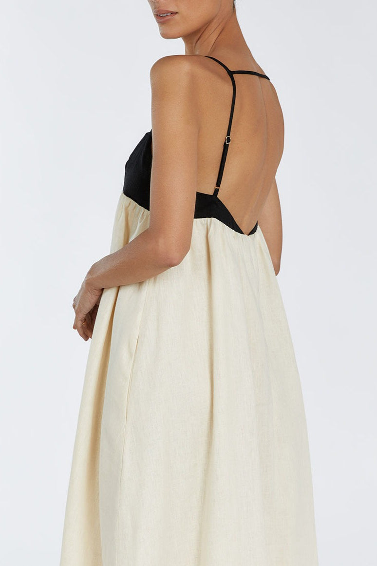Beige Spaghetti Strap Square Neck Empire Waist Gathered Patchwork Maxi Dress 3