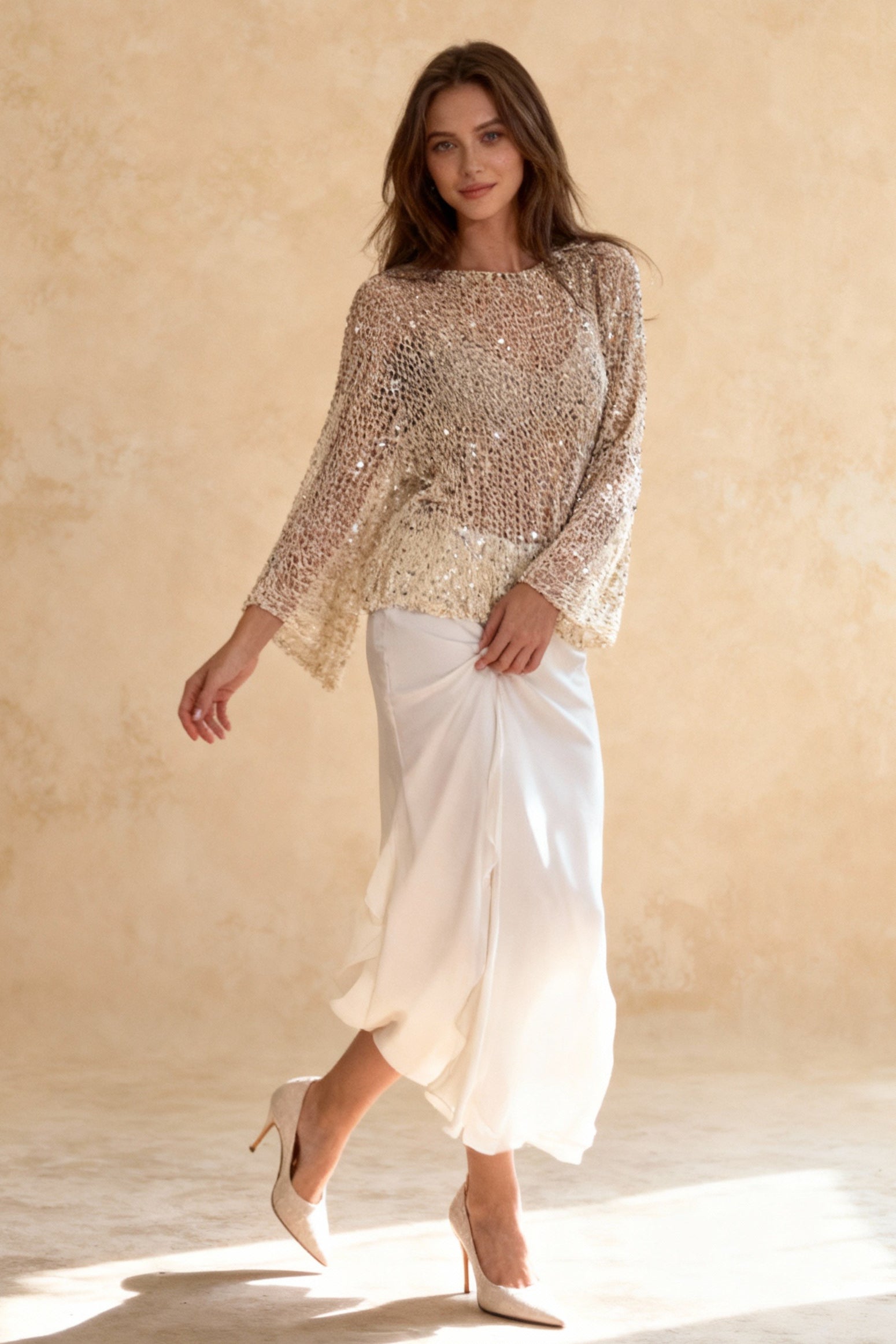 Solid Color Sequined Hollow Long Sleeve Knit Sweater