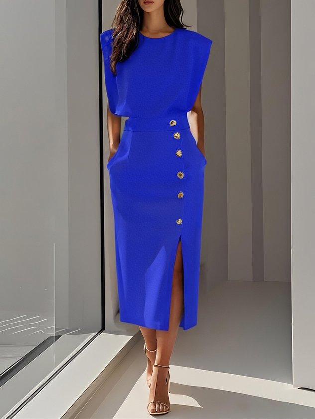 Round Neck Sleeveless Button Slit Sheath Midi Dress