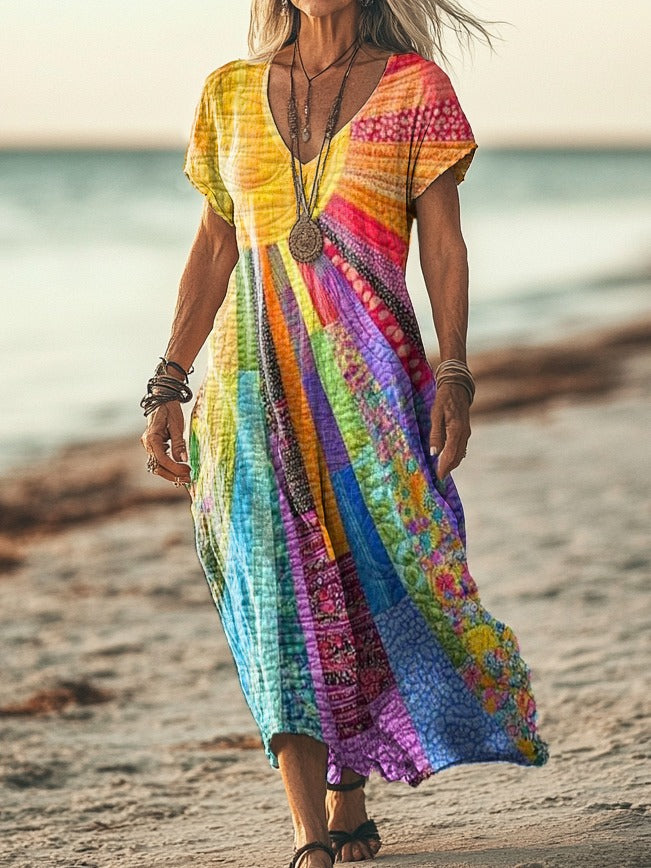 V-Neck Patchwork Print Long Sleeve Boho A-Line Maxi Dress 2