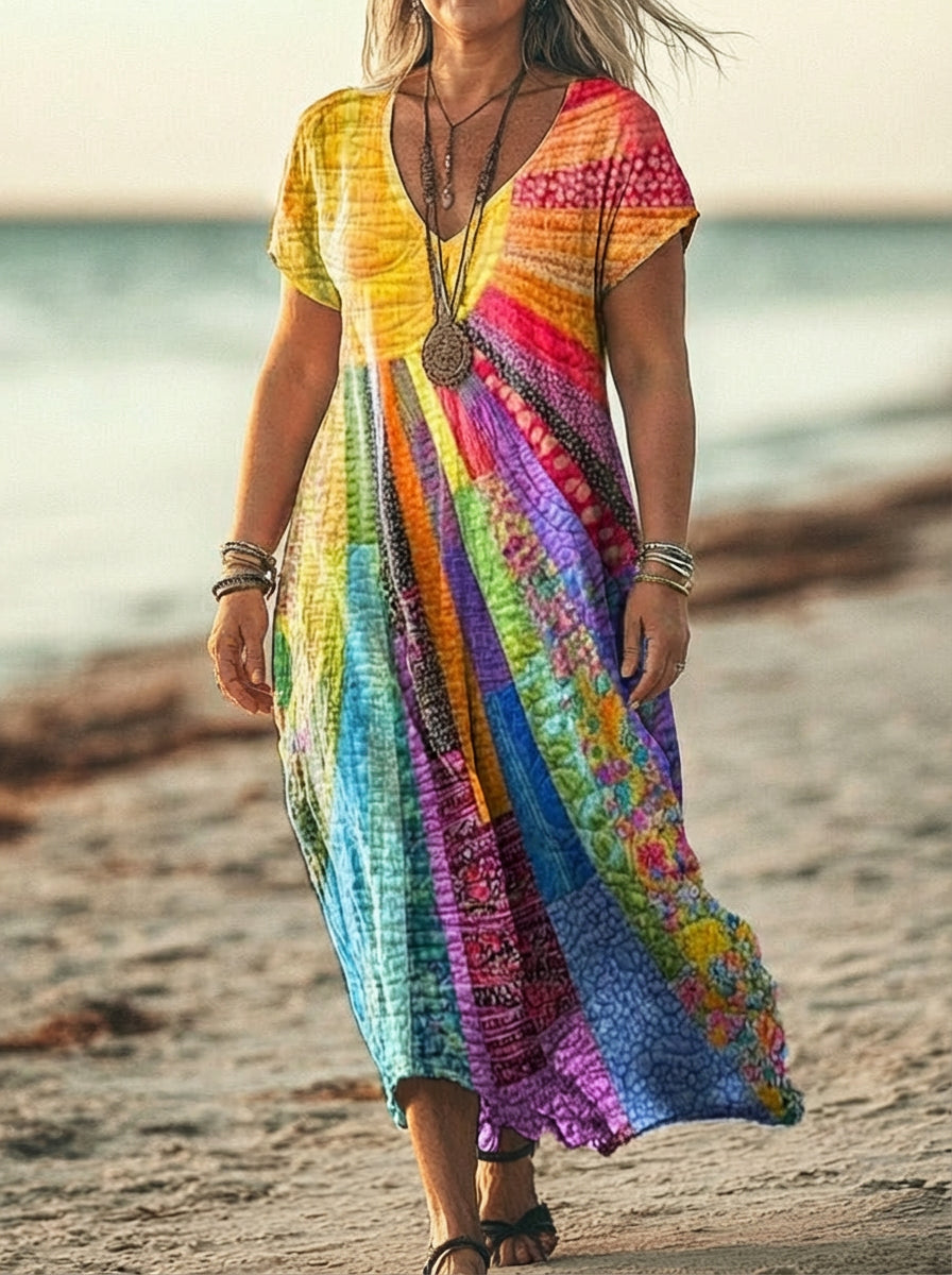 Round Neck Boho Patchwork Print Long Sleeve Flared Maxi Dress 2