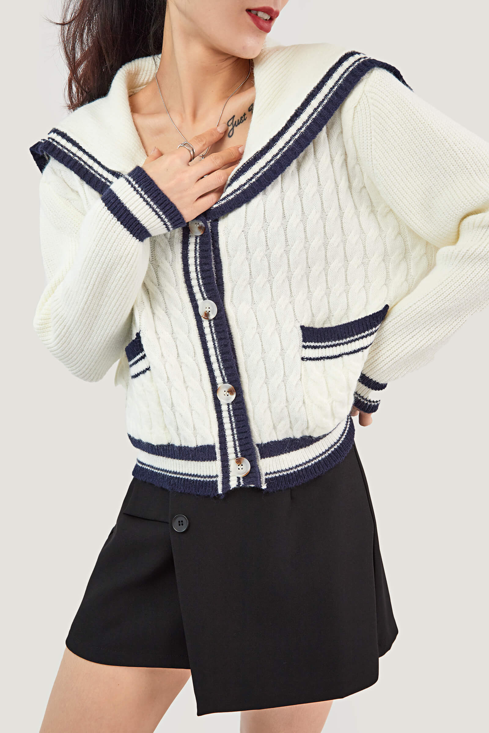 Ivory Sailor Collar Striped Trim Ribbed Cardigan