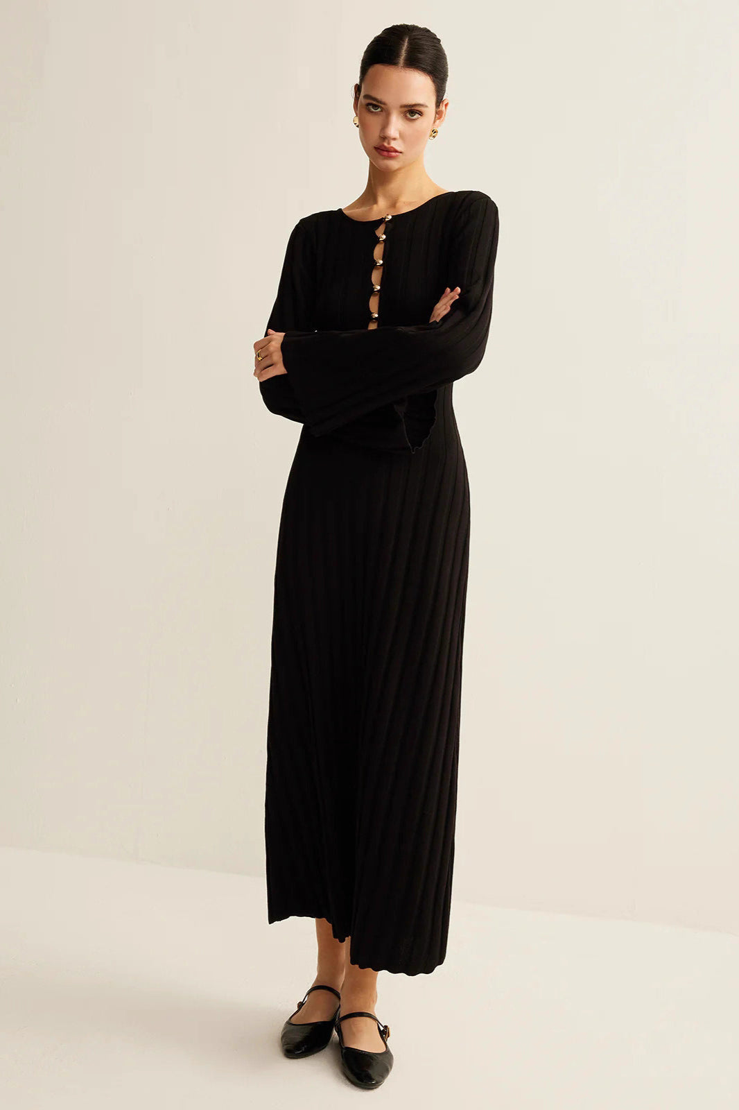 Black V-Neck Button Front Sweater Dress