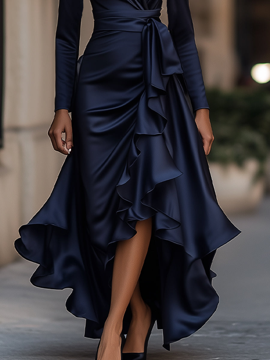 V-Neck Wrap Satin Long Sleeve Ruffle Draped Maxi Dress 3