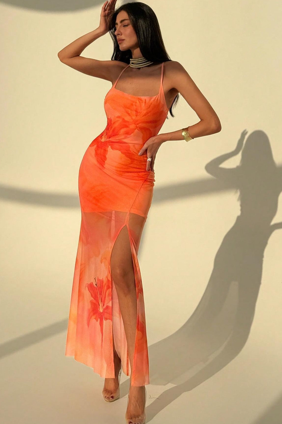 Orange Spaghetti Strap Square Neck Floral Print Mesh Overlay Side Slit Maxi Dress 3