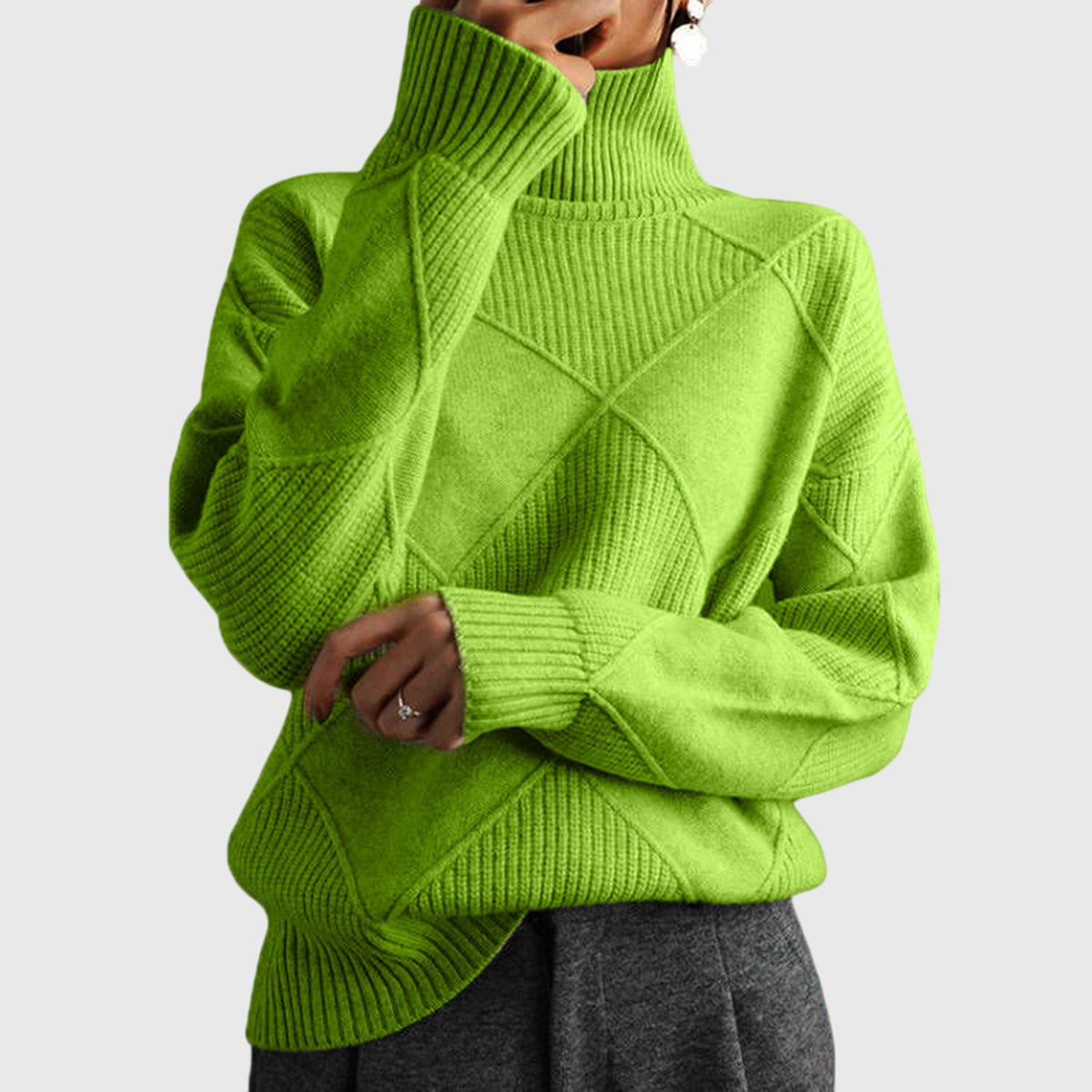 Turtleneck Diamond Textured Knit Long Sleeve Sweater