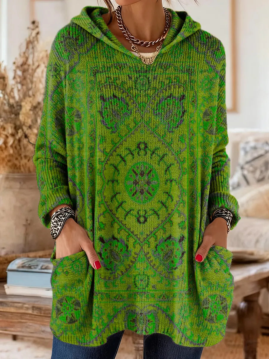 Hooded Ethnic Print Long Sleeve Pocket Knit Sweater