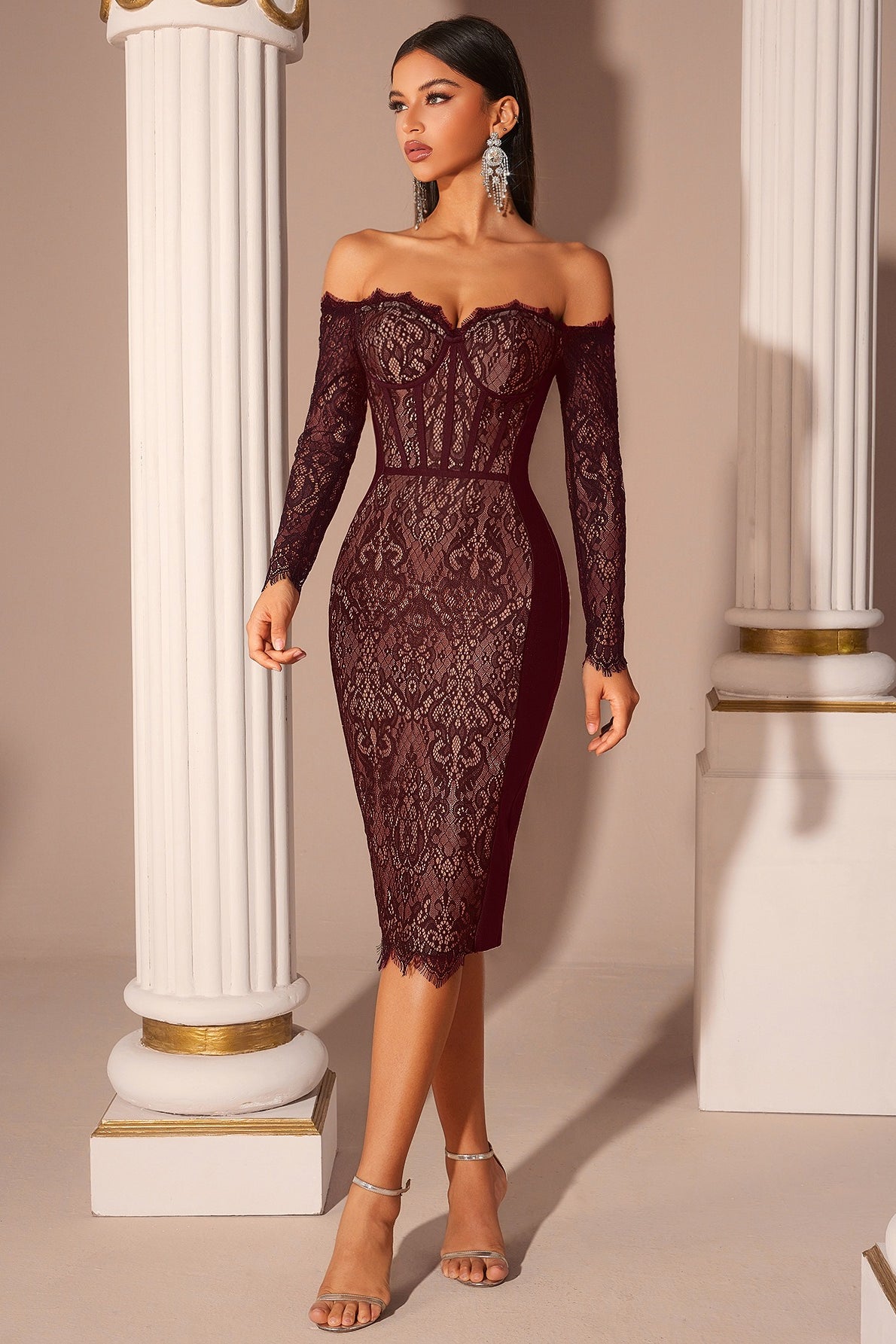 Off Shoulder Lace Corset Waist Slim Bodycon Dress