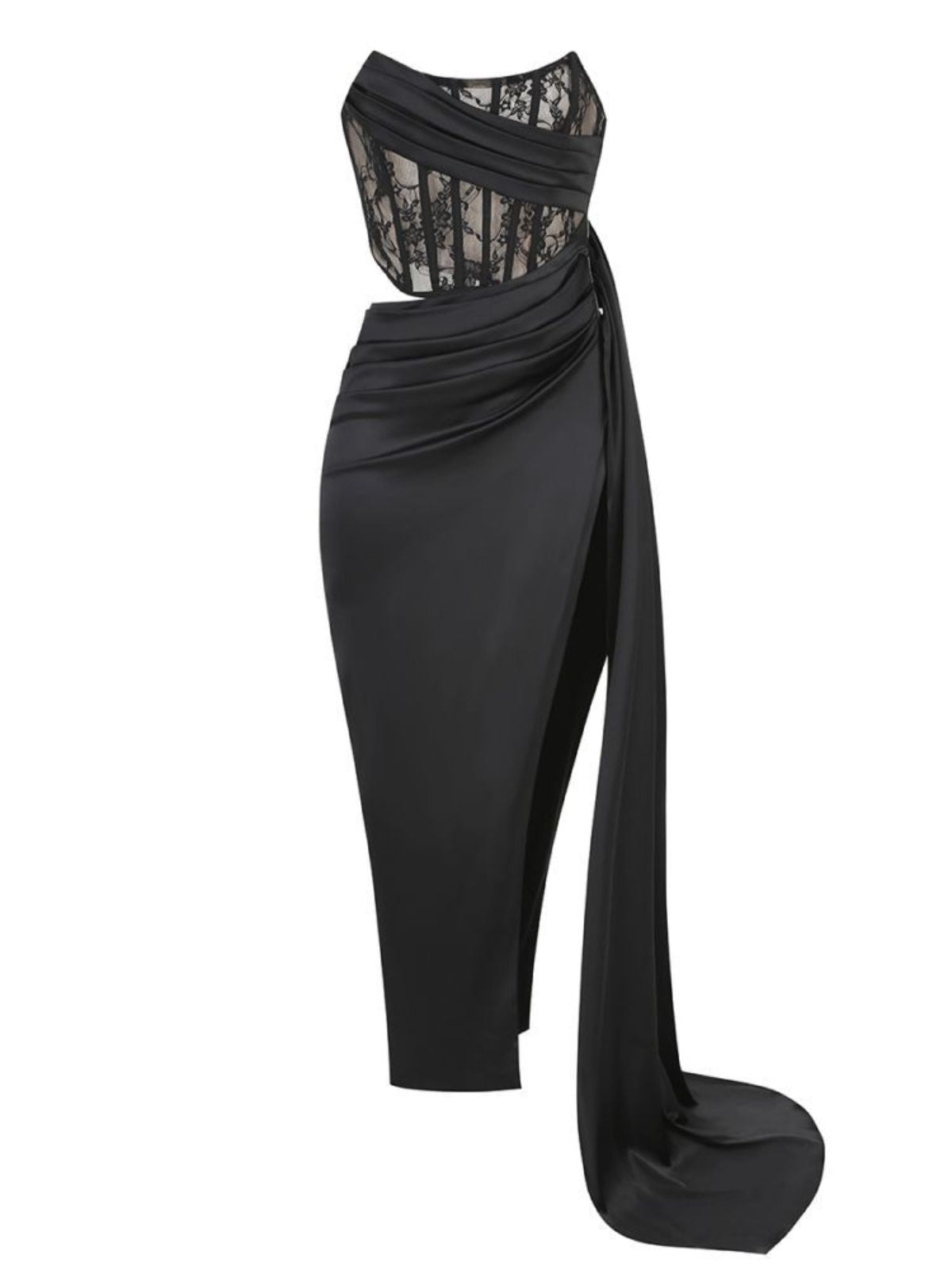 Strapless Lace Corset Cutout Ruched Satin High Slit Maxi Gown