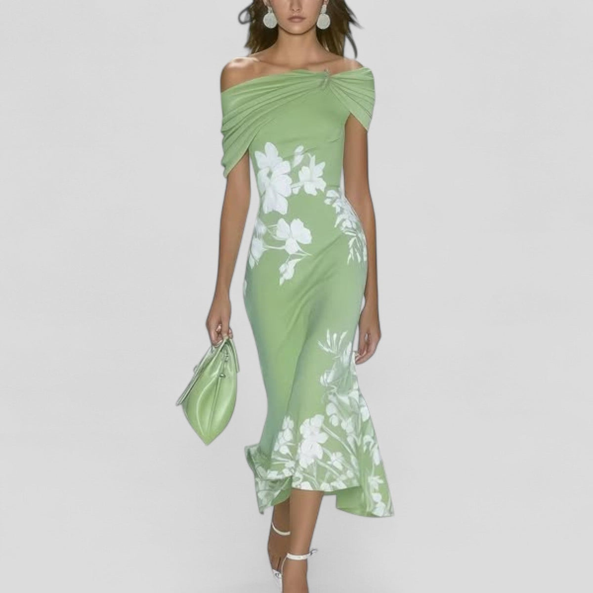 Off-Shoulder Ruched Floral Print Fishtail Hem Bodycon Midi Dress