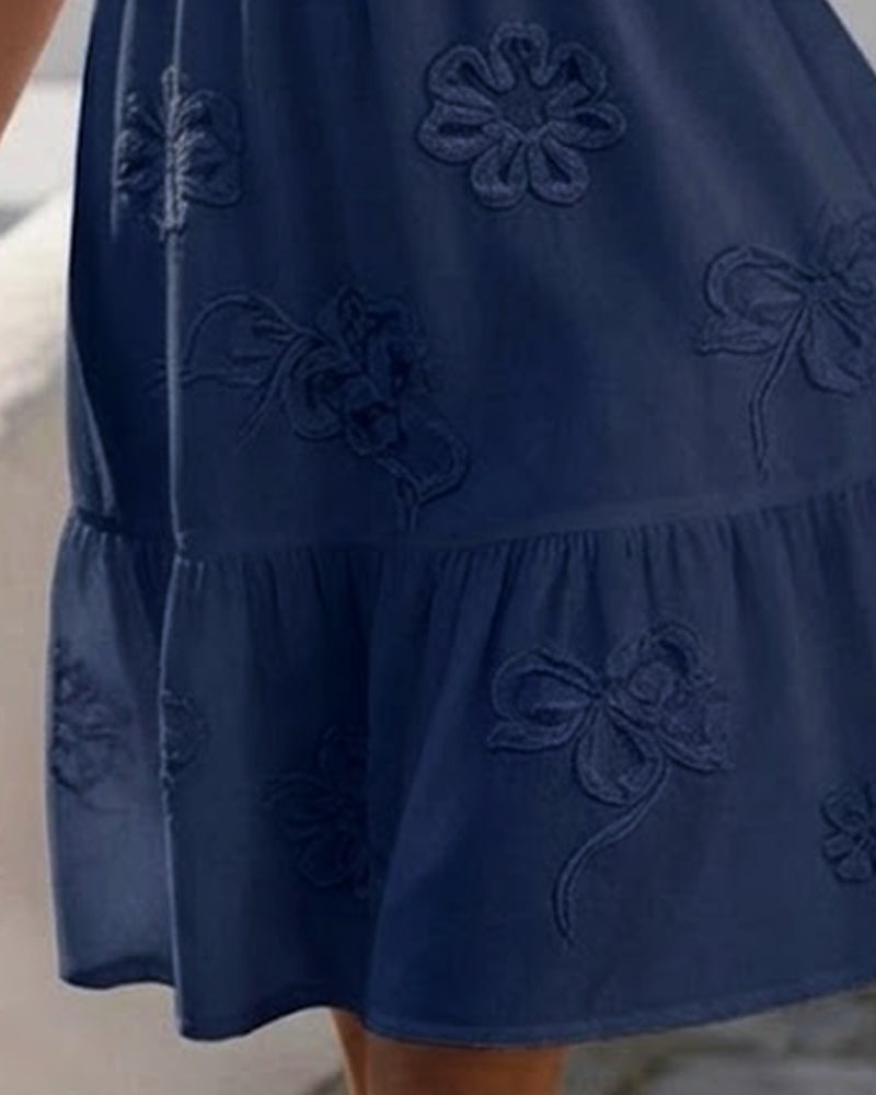 Ruffle V-Neck Floral Embroidered Puff Sleeve Tiered Mini Dress 15