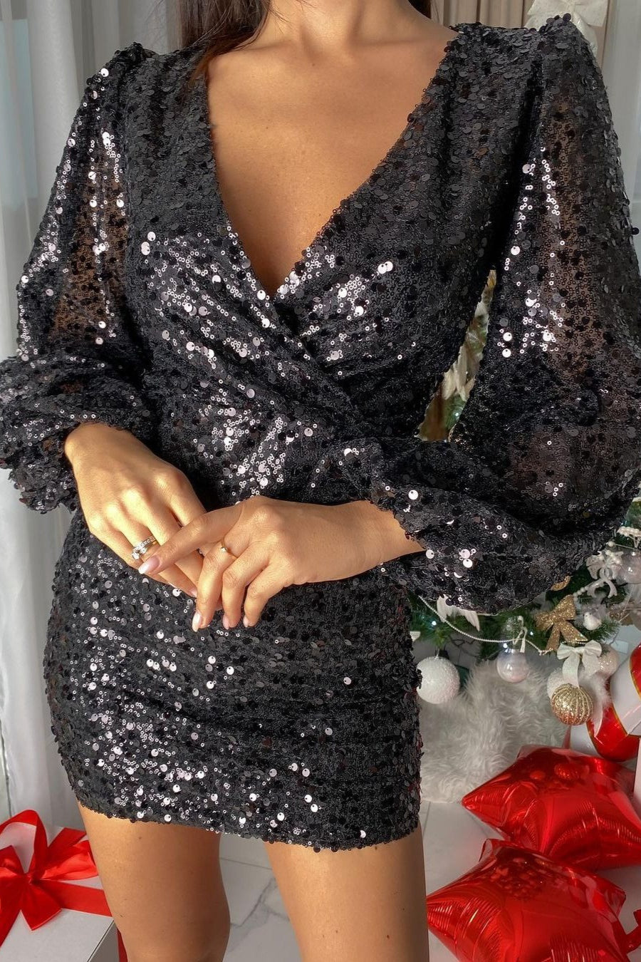 Long Sleeve VNeck Sequin Bodycon Mini Sequin Dress