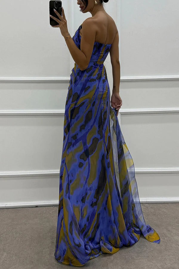 One-Shoulder Feather Trim Printed Ruched High Slit Maxi Gown