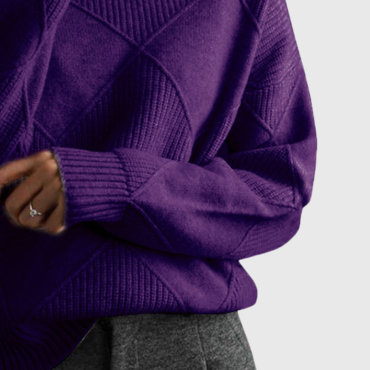 Turtleneck Diamond Textured Knit Long Sleeve Sweater