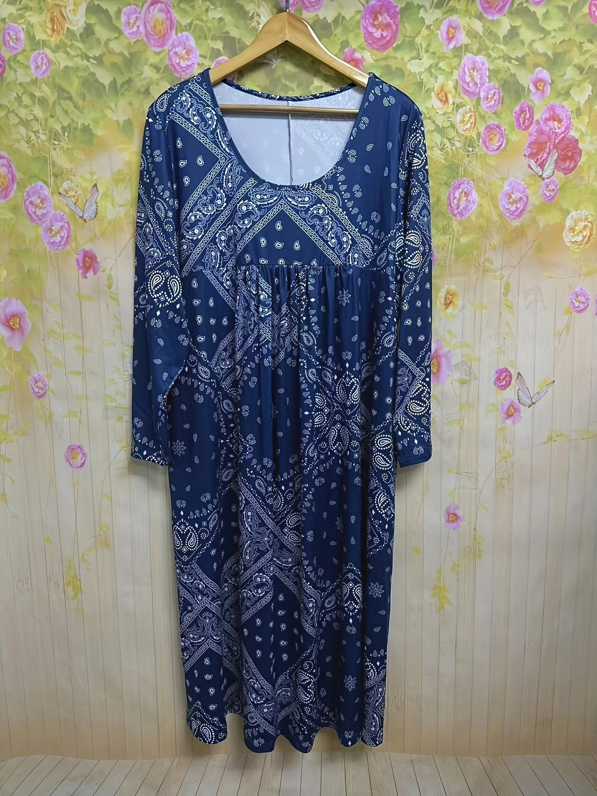 Square Neck Paisley Print Empire Waist Pocket Midi Dress 7