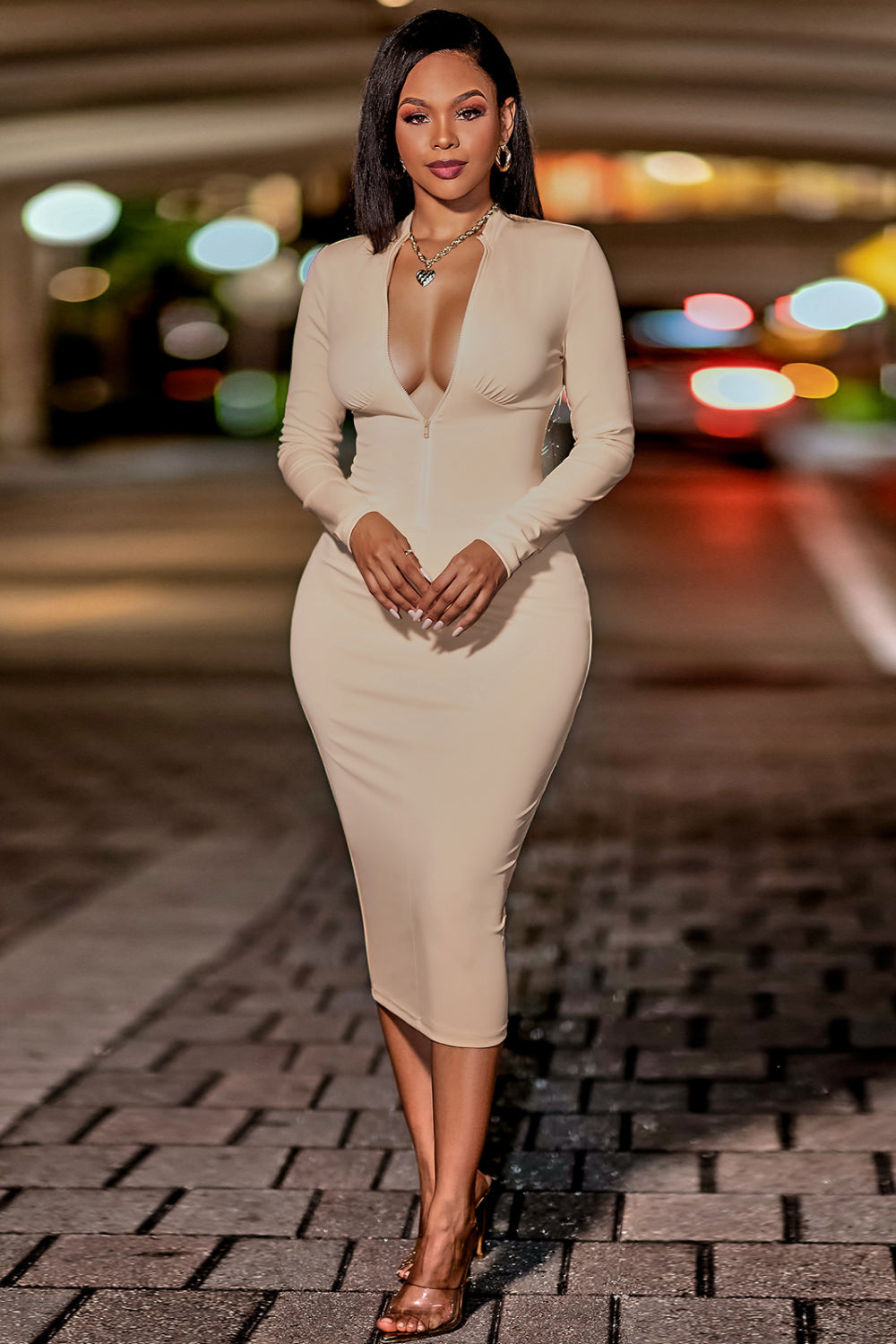 High Neck Zip Front Long Sleeve Cutout Bodycon Midi Dress