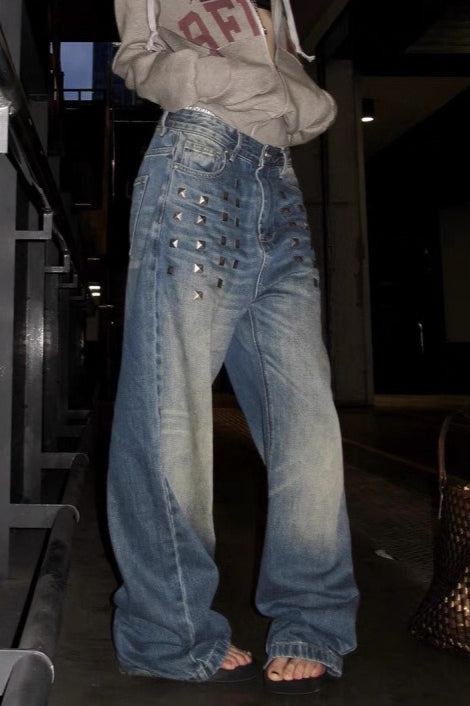 Studded Washed Wide Leg Jeans