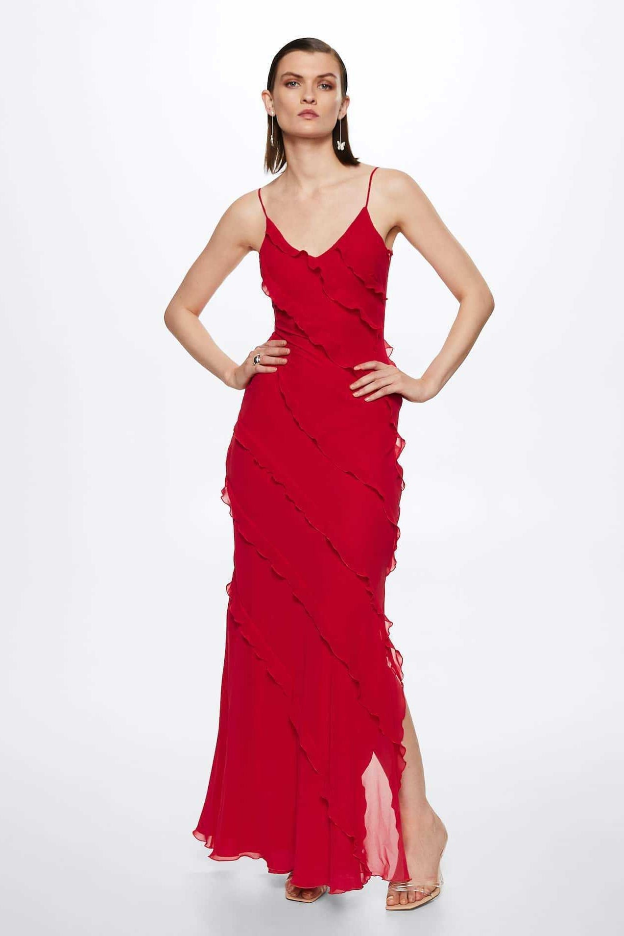 Chiffon Ruffle Open Back Split Slim Slip Dress