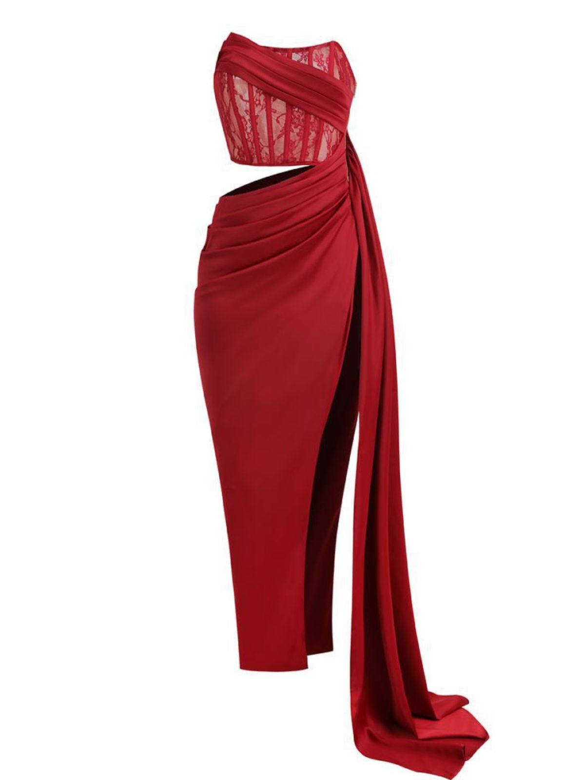 Strapless Lace Corset Satin Ruched High Slit Maxi Dress 6