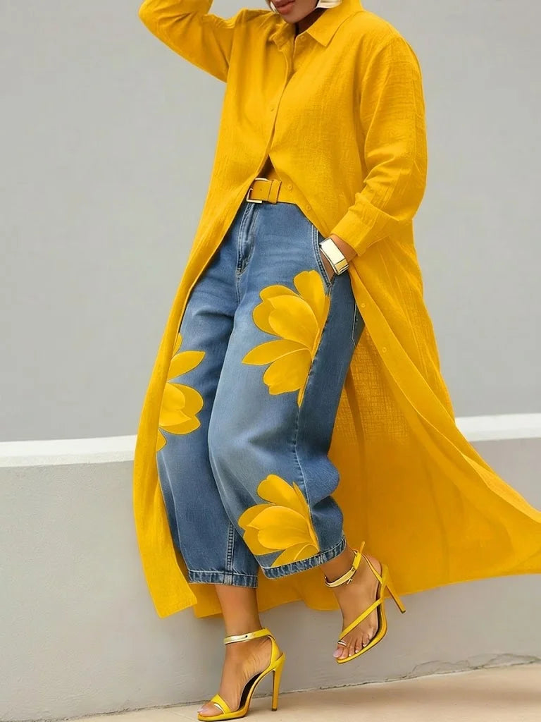 Collared Button Front Longline Shirt and Floral Jeans Set 4