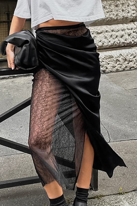 Sheer Floral High-Slit Skirt