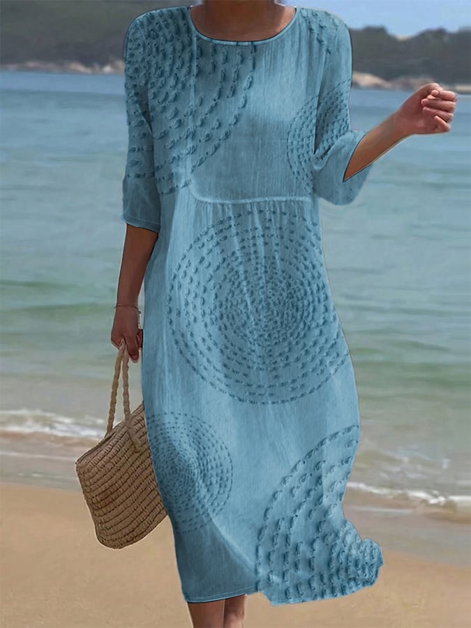 Blue Round Neck Textured Circle Mandala Long Sleeve Linen Midi Dress