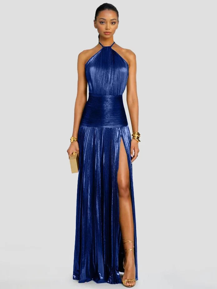 Halter Neck Metallic Pleated High Slit A-Line Gown 3
