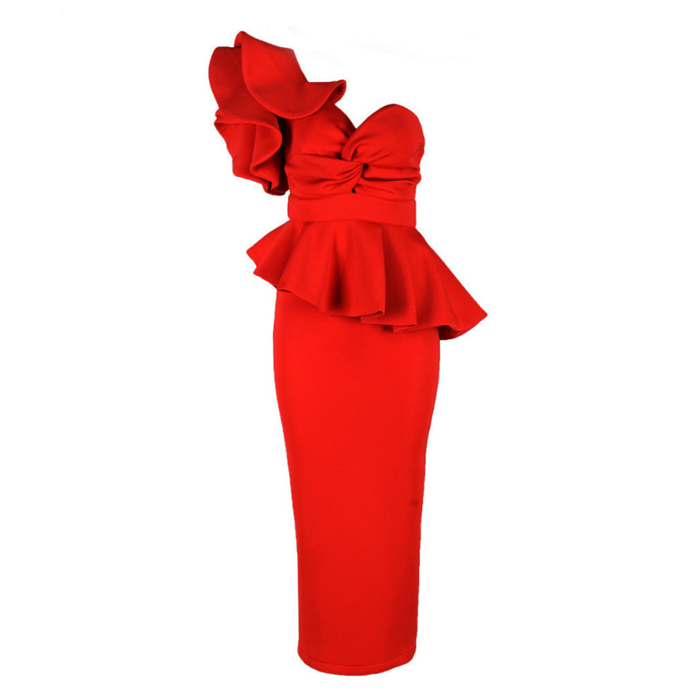 One-Shoulder Ruffle Peplum Bodycon Midi Dress