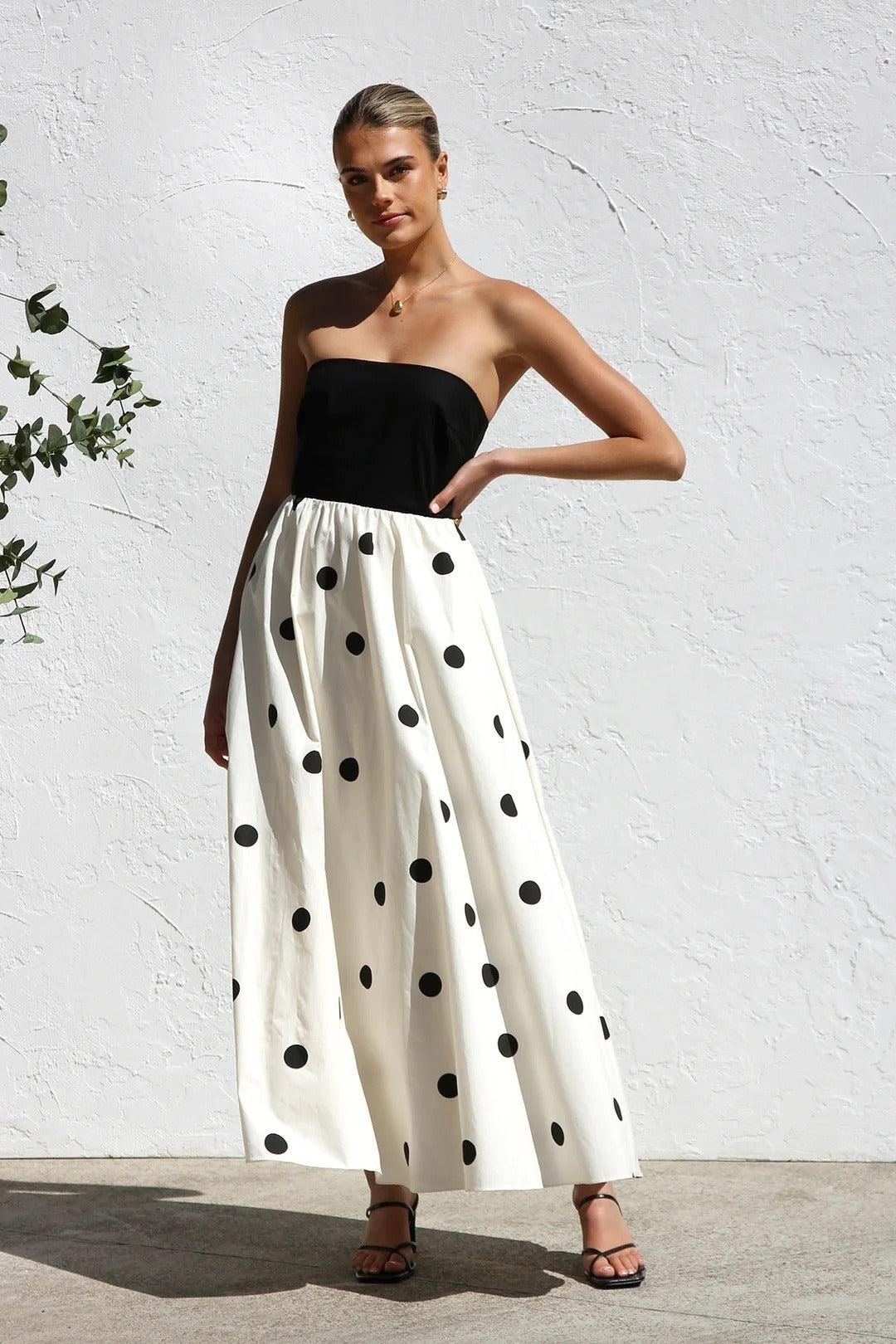 Black Polka Dot Print Strapless A-Line Maxi Dress 3