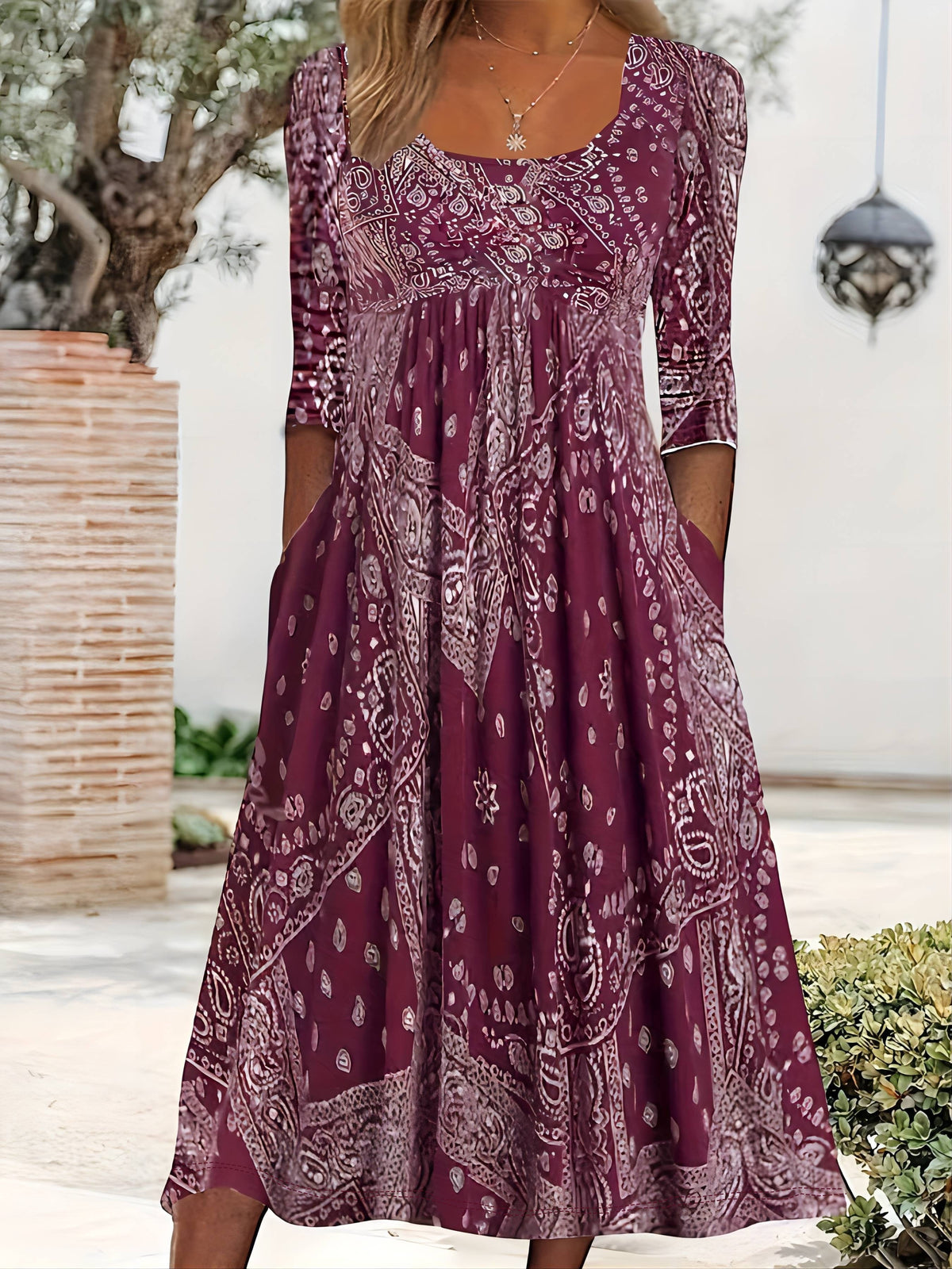 Square Neck Paisley Print Empire Waist Pocket Midi Dress 5