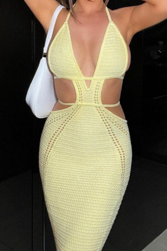 Plunging Halter Neck Crochet Waist Cut Out Open Knit Maxi Dress 6